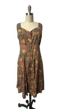80s Vintage Banana Republic Rayon Earthy Tones Floral Midi Summer Dress Size 6
